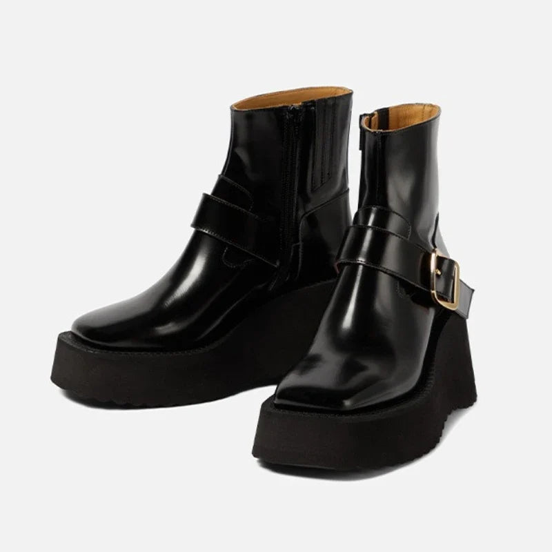 Black Patent Leather Chunky Heel Women Boot Metal Buckle Sewing Side Zip Design Ankle Boot Cozy Waterproof Platform Boot