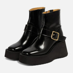 Black Patent Leather Chunky Heel Women Boot Metal Buckle Sewing Side Zip Design Ankle Boot Cozy Waterproof Platform Boot