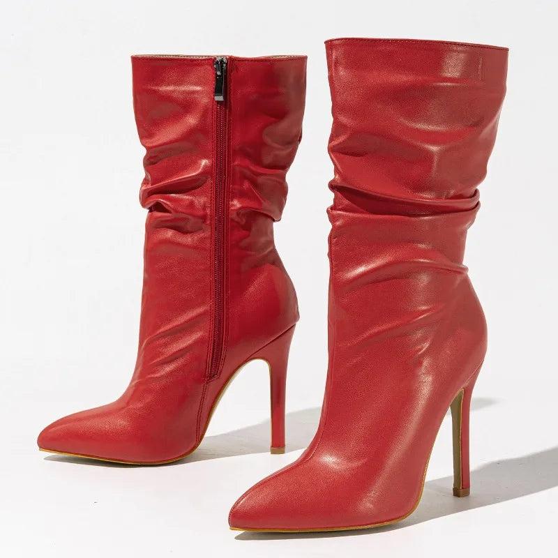 Black Pointed Toe Pleated Ankle Boots
