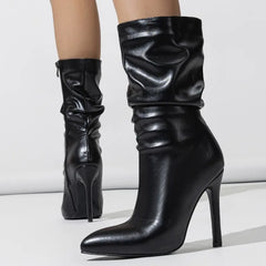Black Pointed Toe Pleated Ankle Boots
