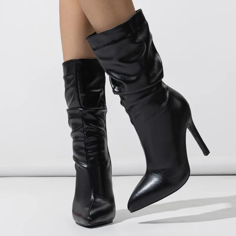 Black Pointed Toe Pleated Ankle Boots