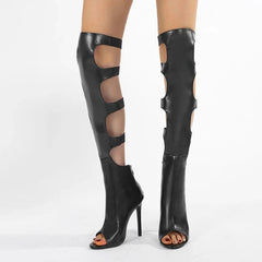 Black Pu Elastic Band Design Knee Boots