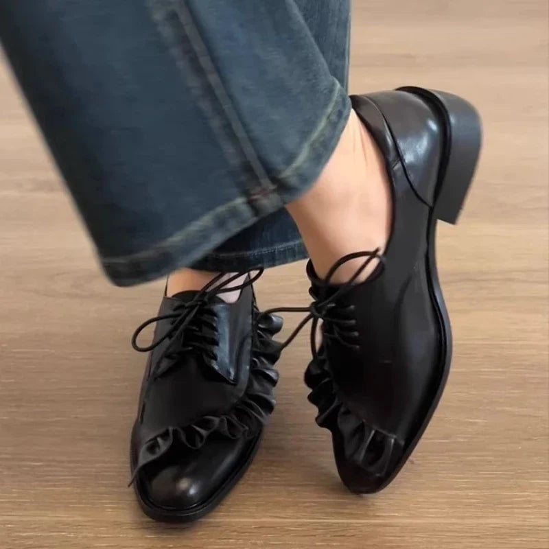 Black Soft Leather Lace-up Loafers Women Pleated Design Brand Low Heel Pumps Cozy Commuter Office Shoes