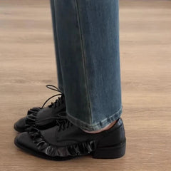 Black Soft Leather Lace-up Loafers Women Pleated Design Brand Low Heel Pumps Cozy Commuter Office Shoes