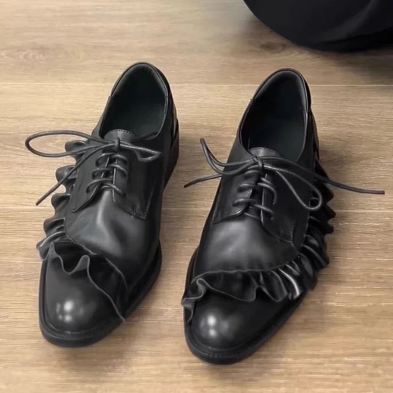 Black Soft Leather Lace-up Loafers Women Pleated Design Brand Low Heel Pumps Cozy Commuter Office Shoes