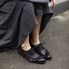 Black Soft Leather Lace-up Loafers Women Pleated Design Brand Low Heel Pumps Cozy Commuter Office Shoes