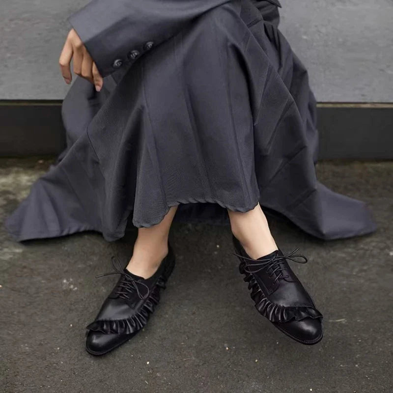 Black Soft Leather Lace-up Loafers Women Pleated Design Brand Low Heel Pumps Cozy Commuter Office Shoes