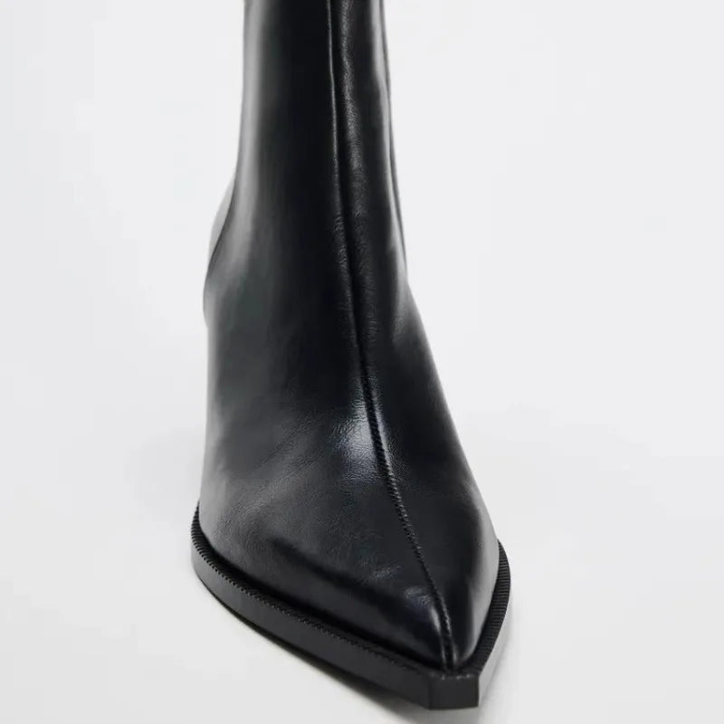 Black Soft Leather Pointed Toe Chunky Heel Women Ankle Boots