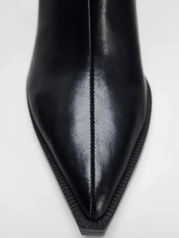 Black Soft Leather Pointed Toe Chunky Heel Women Ankle Boots