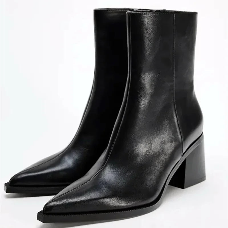 Black Soft Leather Pointed Toe Chunky Heel Women Ankle Boots
