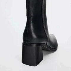 Black Soft Leather Pointed Toe Chunky Heel Women Ankle Boots