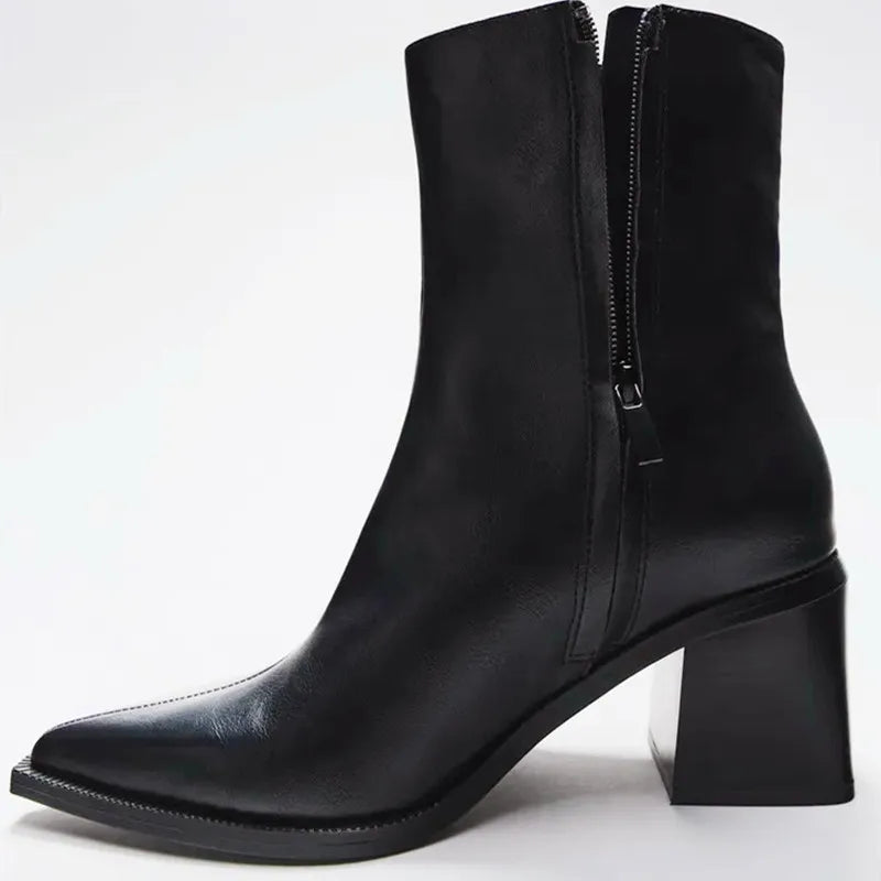 Black Soft Leather Pointed Toe Chunky Heel Women Ankle Boots