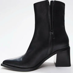 Black Soft Leather Pointed Toe Chunky Heel Women Ankle Boots