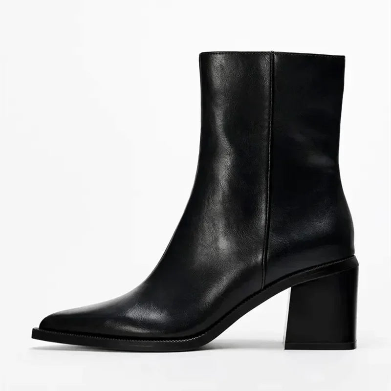 Black Soft Leather Pointed Toe Chunky Heel Women Ankle Boots
