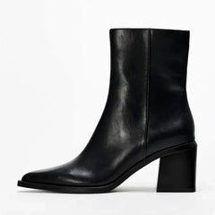 Black Soft Leather Pointed Toe Chunky Heel Women Ankle Boots