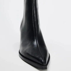 Black Soft Leather Pointed Toe Chunky Heel Women Ankle Boots