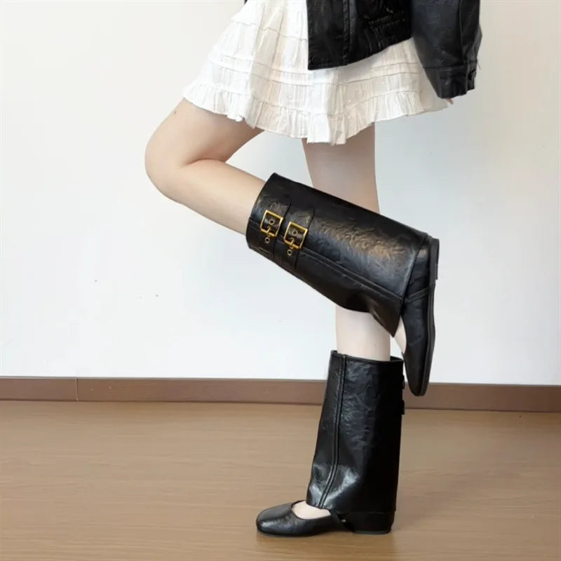Black Soft Leather Pu Mid Calf Boots