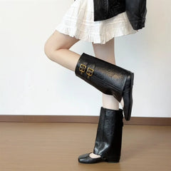 Black Soft Leather Pu Mid Calf Boots