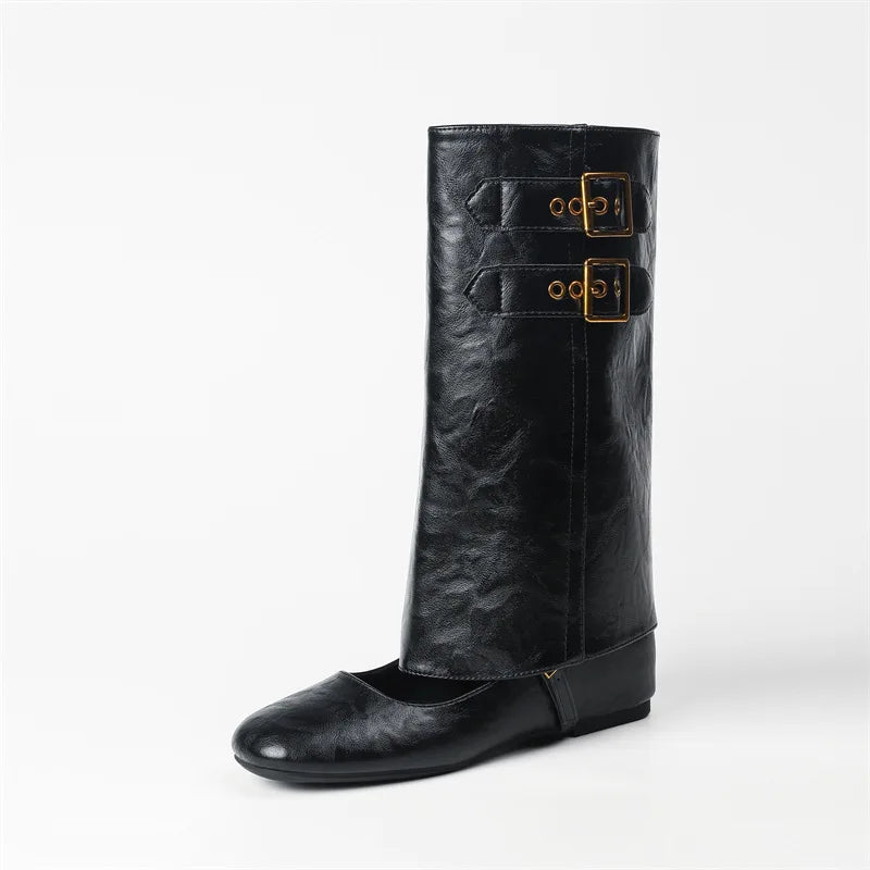 Black Soft Leather Pu Mid Calf Boots