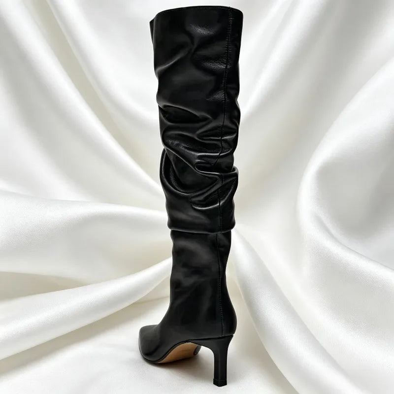Black Soft Leather Winter Knee Boots