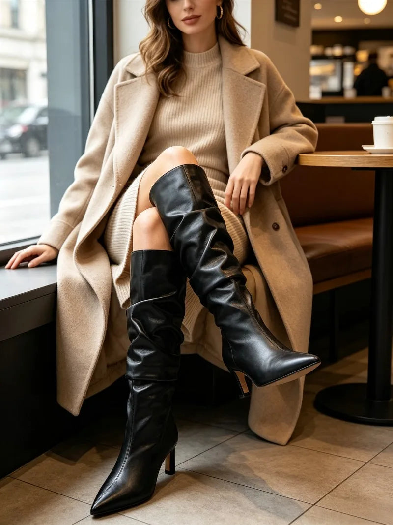 Black Soft Leather Winter Knee Boots