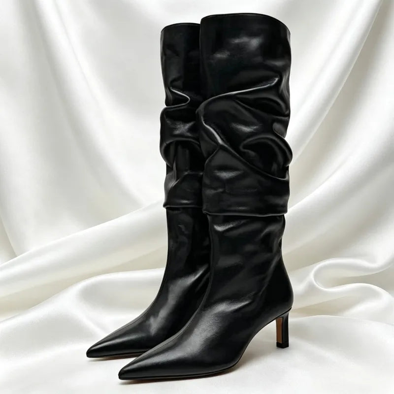 Black Soft Leather Winter Knee Boots