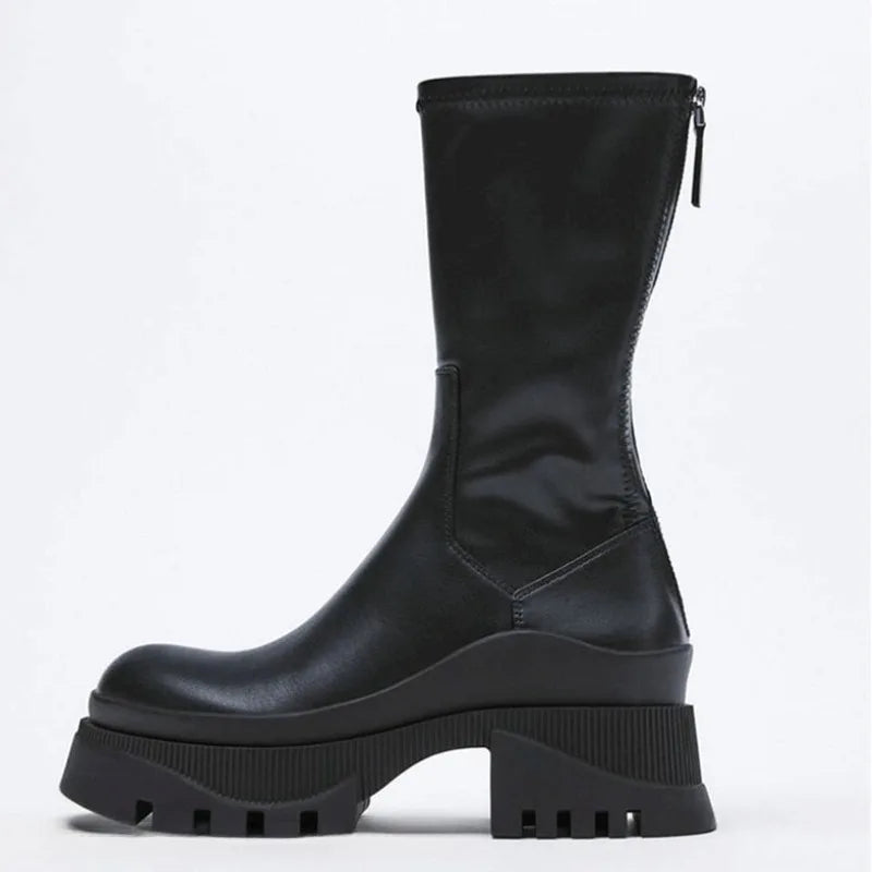 Black Thick Bottom Leather Boots