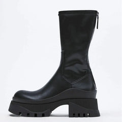 Black Thick Bottom Leather Boots