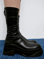 Black Thick Bottom Leather Boots