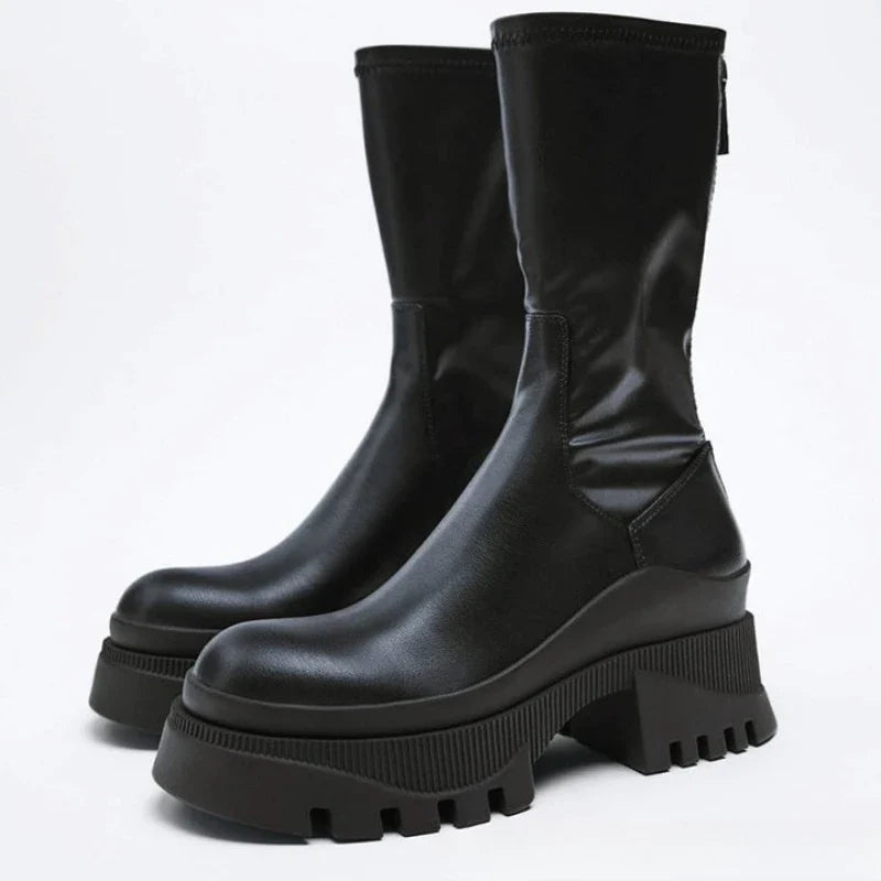 Black Thick Bottom Leather Boots
