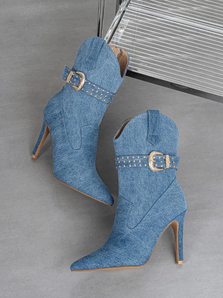 Blue Denim Pointed Toe Women's high-heeled ankle Boots
