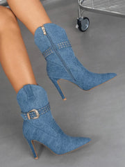 Blue Denim Pointed Toe Women's high-heeled ankle Boots