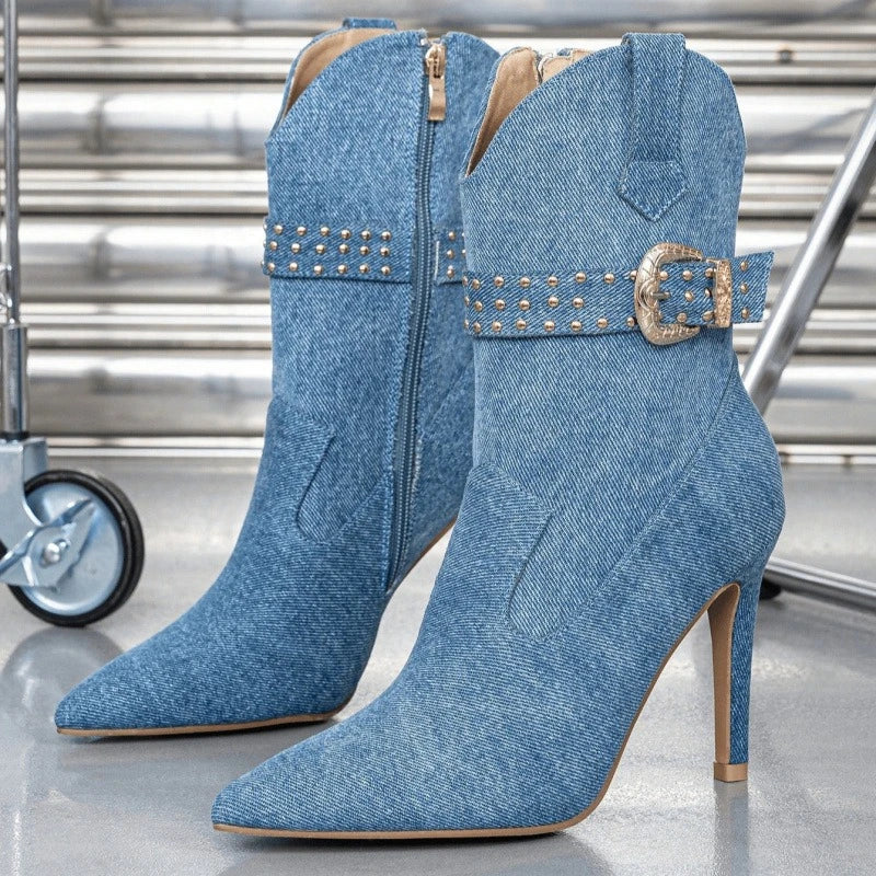 Blue Denim Pointed Toe Women's high-heeled ankle Boots