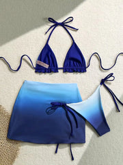Blue Ombre 3 Piece Bikini Set Halter Neck Top & Bottom Cover Up Dress Halter Open Back Sundress Set