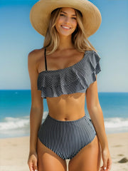 Blue Striped Bikini Set One Shoulder Ruffle Two Piece Swimwear Bathing Suit