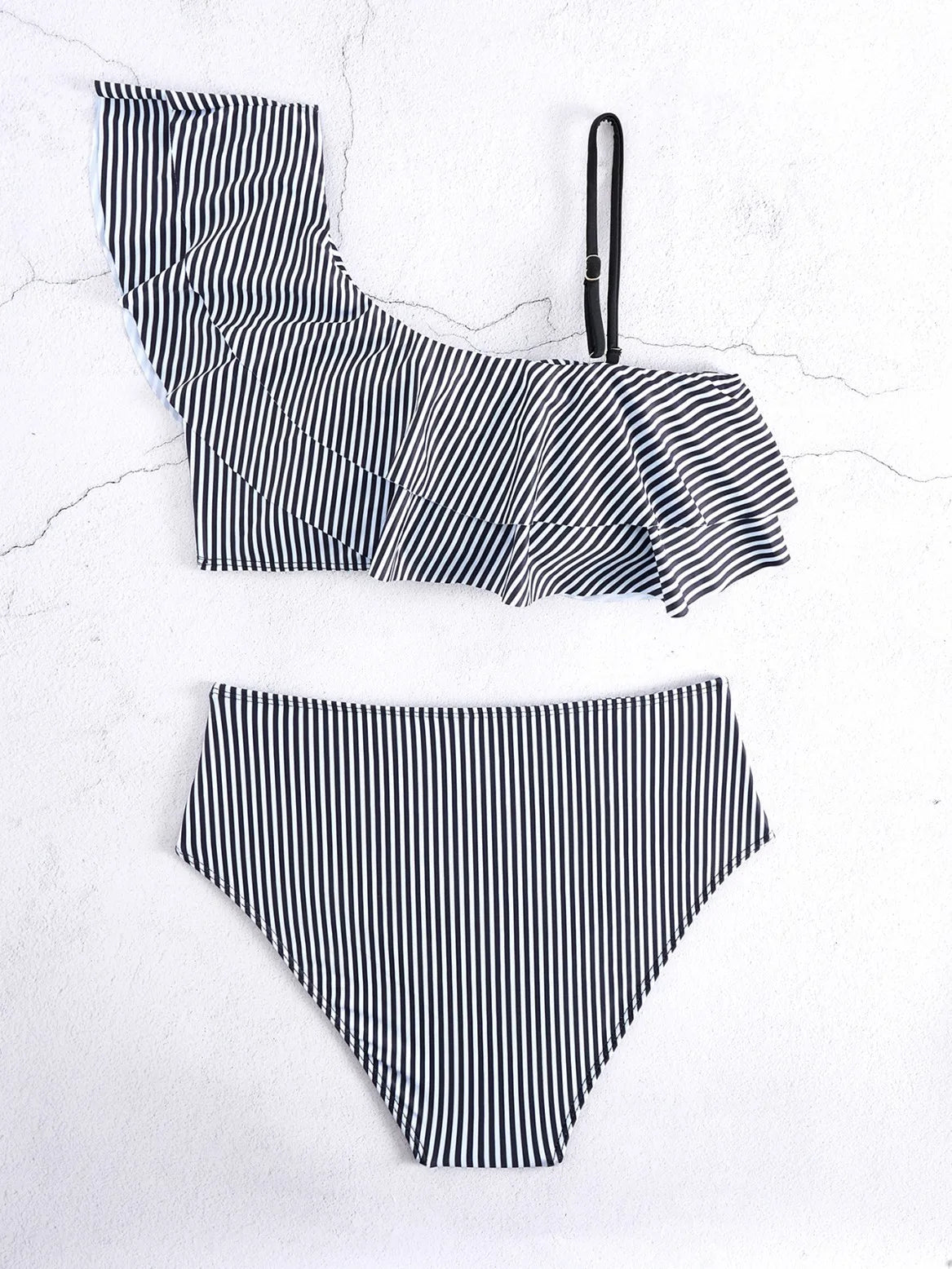Blue Striped Bikini Set One Shoulder Ruffle Two Piece Swimwear Bathing Suit