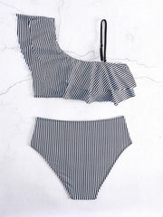 Blue Striped Bikini Set One Shoulder Ruffle Two Piece Swimwear Bathing Suit