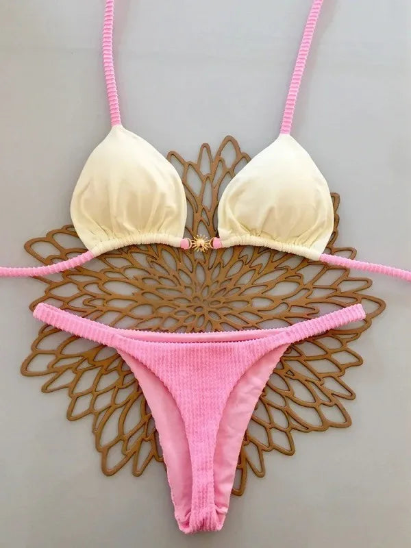 Boho Tie-Detail Bikini Set Ins Style for Floral Print Adjustable Strings Solid Yellow Halter Open Back Swimsuit