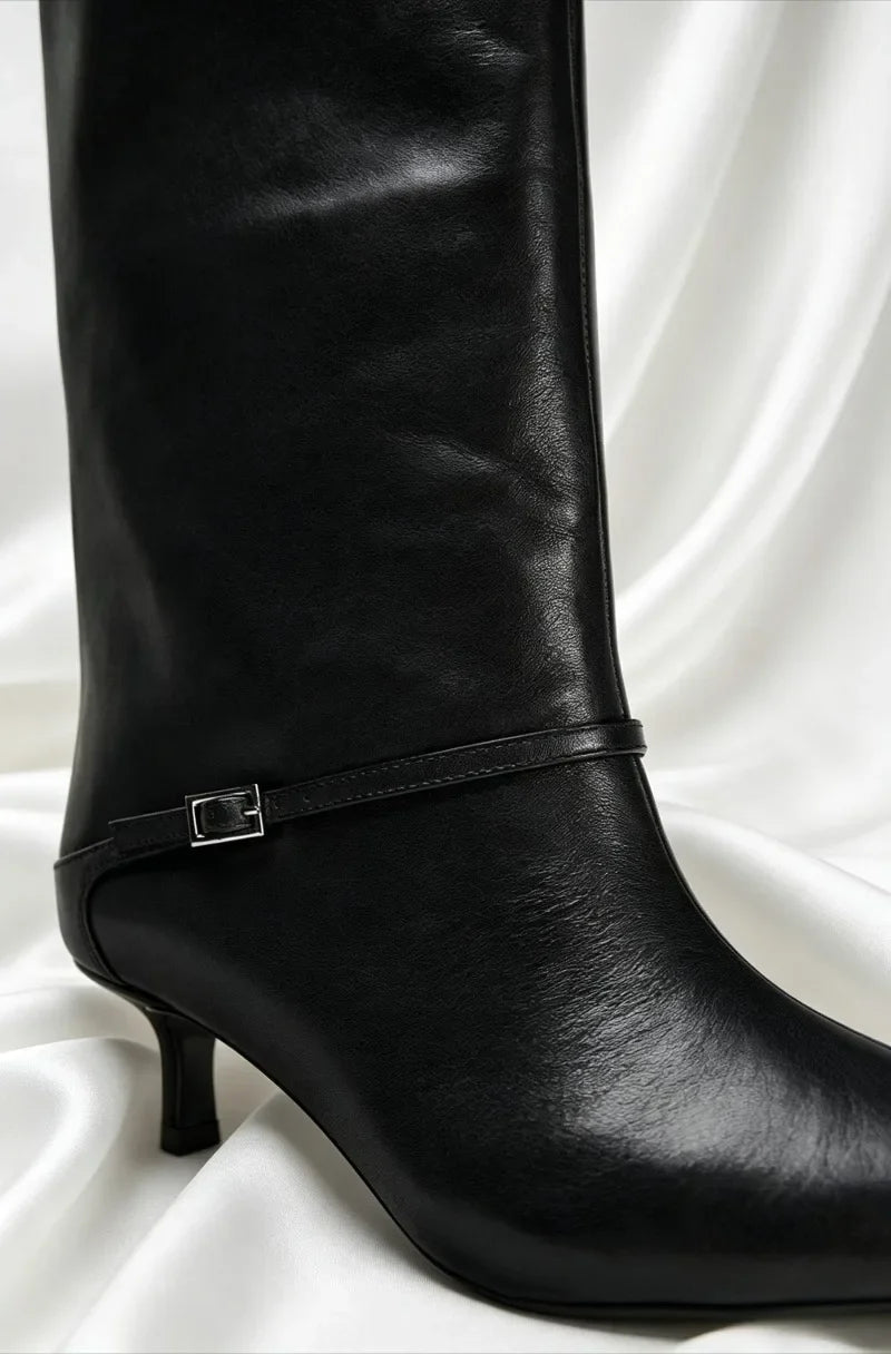British Style Black Soft Leather Knee Boots