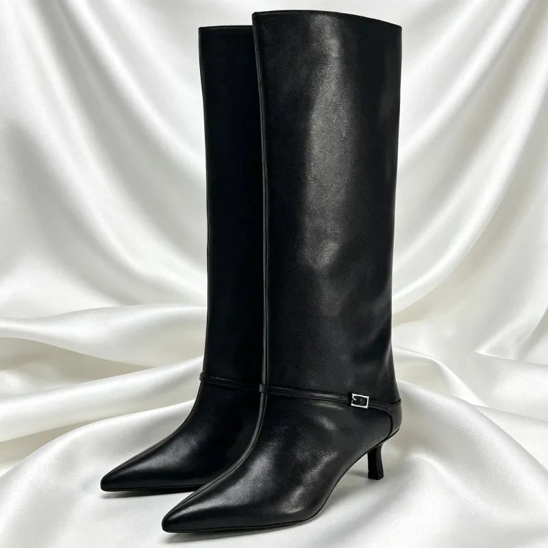 British Style Black Soft Leather Knee Boots