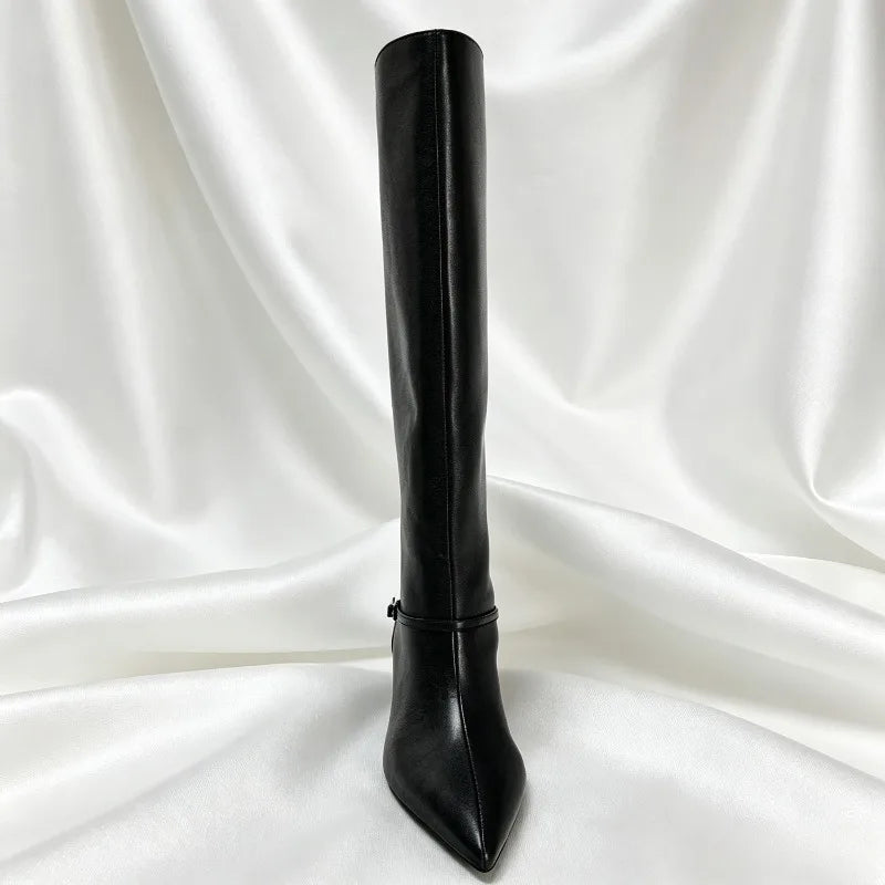 British Style Black Soft Leather Knee Boots