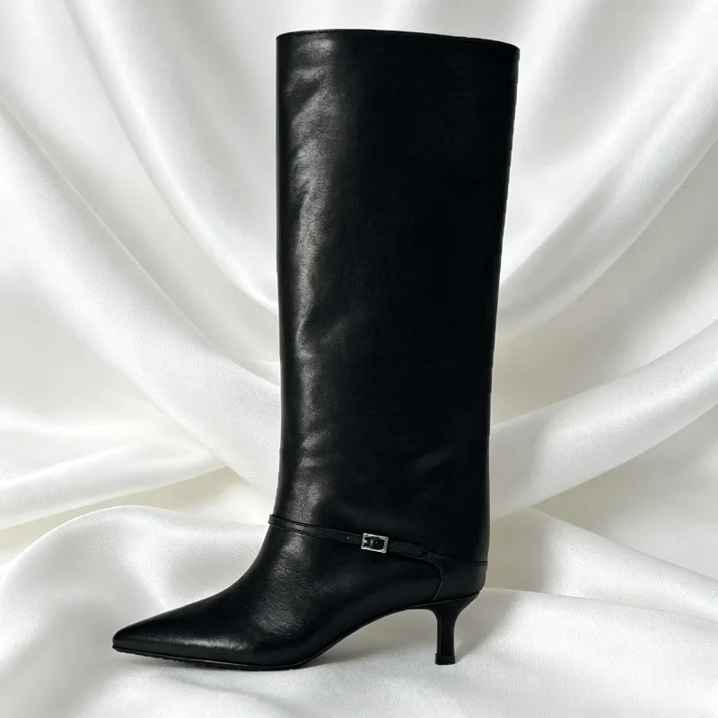 British Style Black Soft Leather Knee Boots