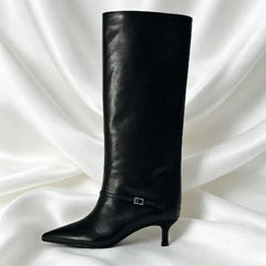 British Style Black Soft Leather Knee Boots