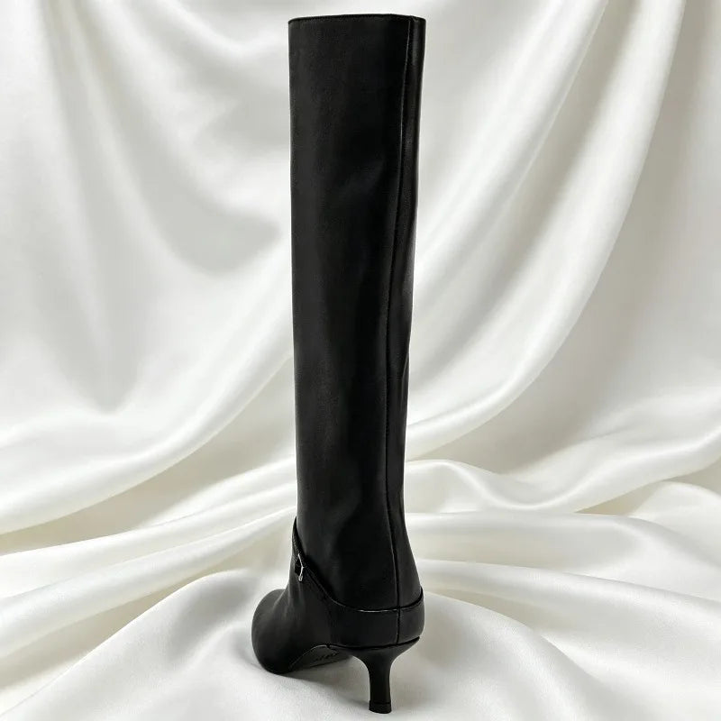 British Style Black Soft Leather Knee Boots