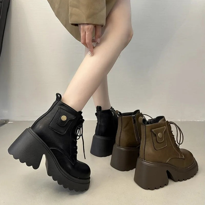 Brown Lace Up High-heeled Ankle Boots