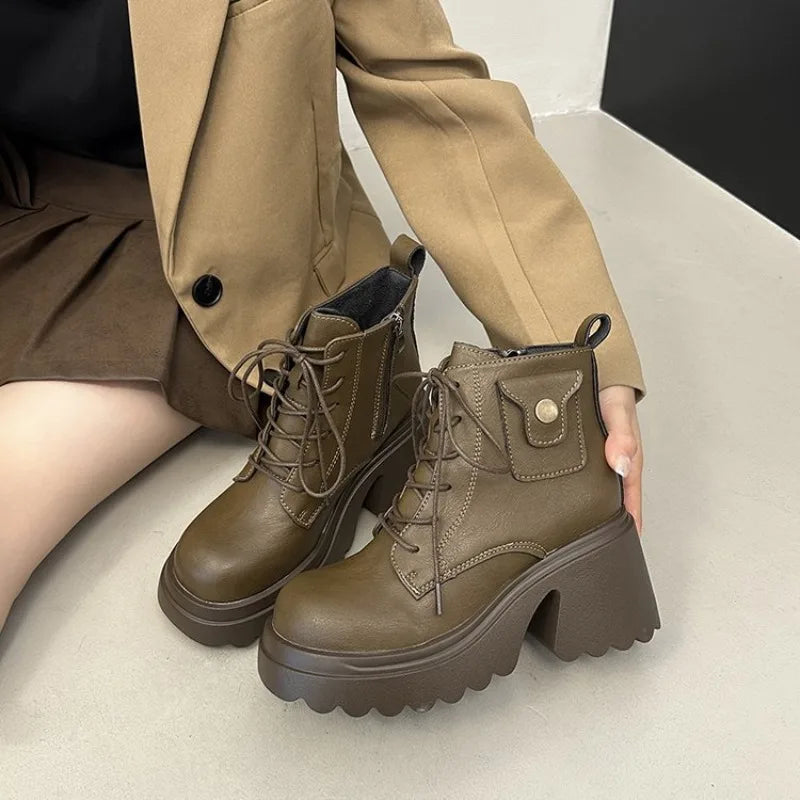 Brown Lace Up High-heeled Ankle Boots