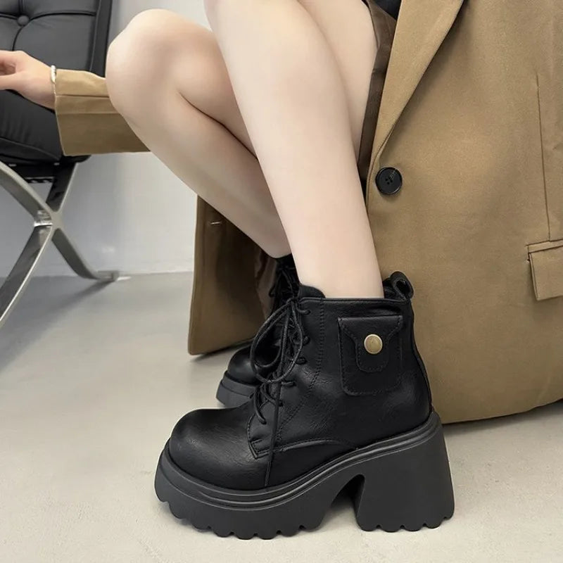 Brown Lace Up High-heeled Ankle Boots