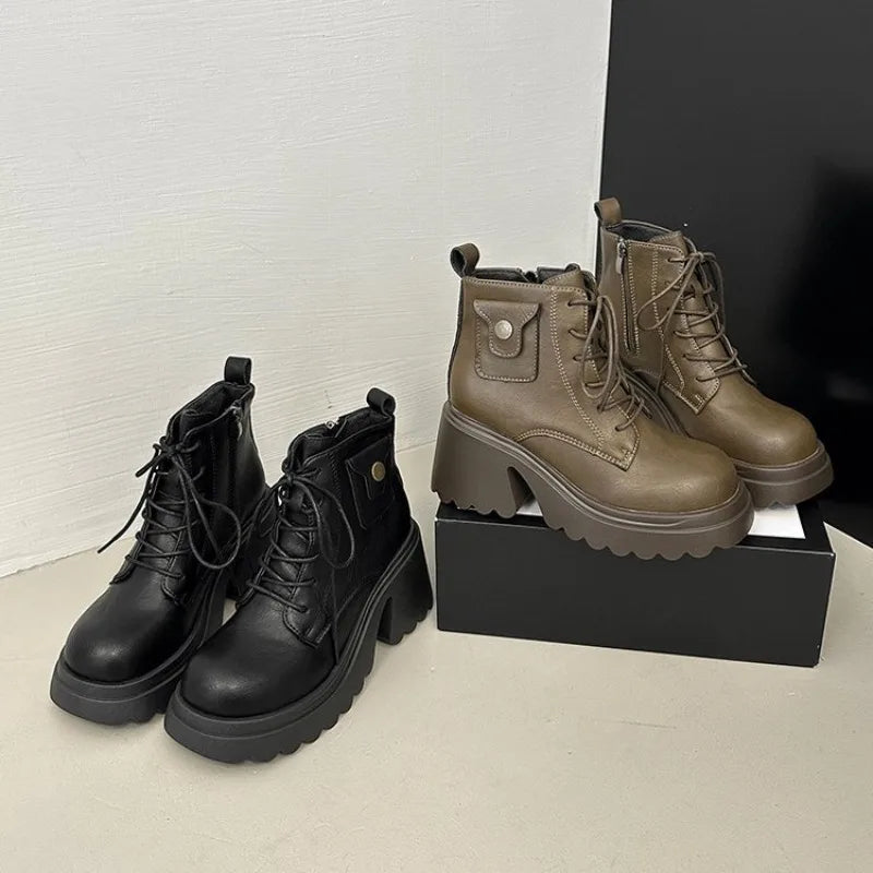 Brown Lace Up High-heeled Ankle Boots
