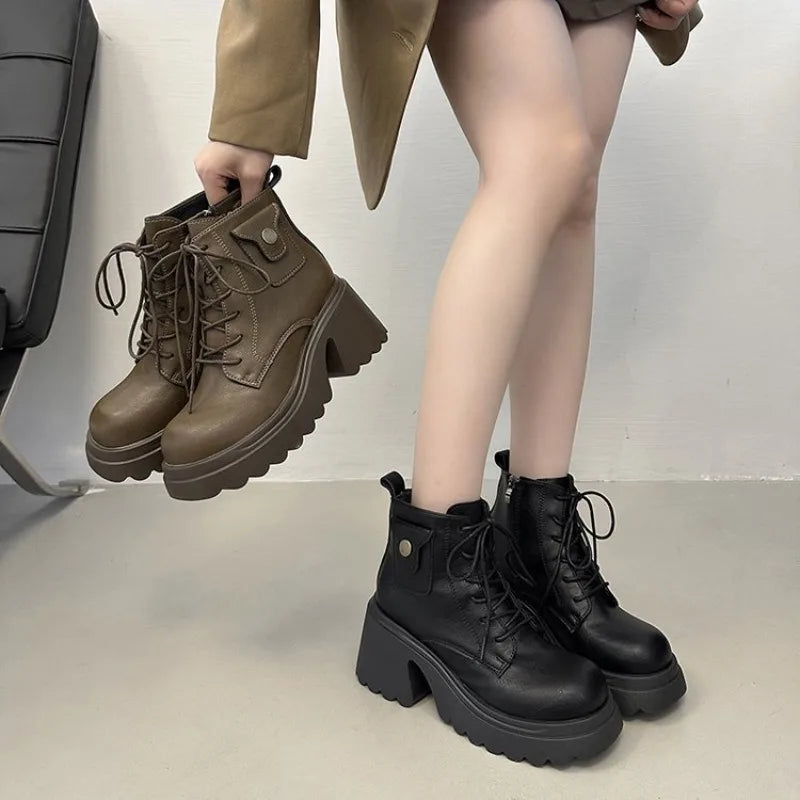 Brown Lace Up High-heeled Ankle Boots