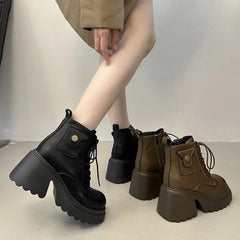 Brown Lace Up High-heeled Ankle Boots